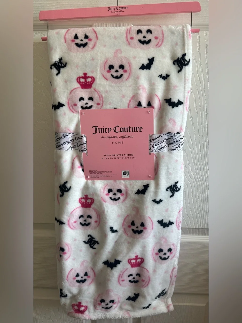 Juicy Couture White, Pink & Black Halloween Pumpkin Plush Throw